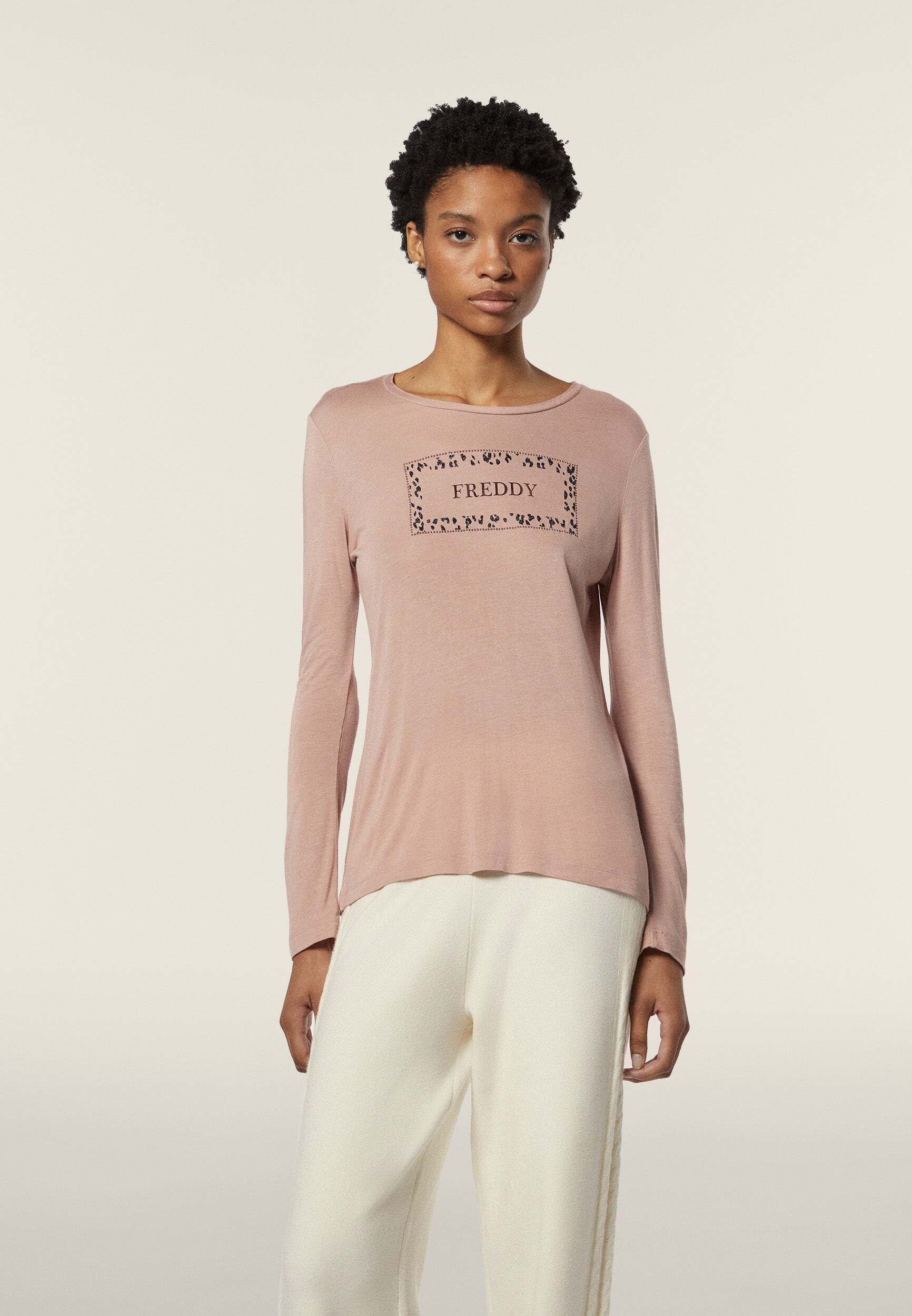 T-Shirt FREDDY "T-SHIRTS F4WSLT5", Damen, Gr. S, rosa (fawn), Obermaterial: 94% Viskose CV. 6% Elasthan EL., Shirts T-Shirt fawn S