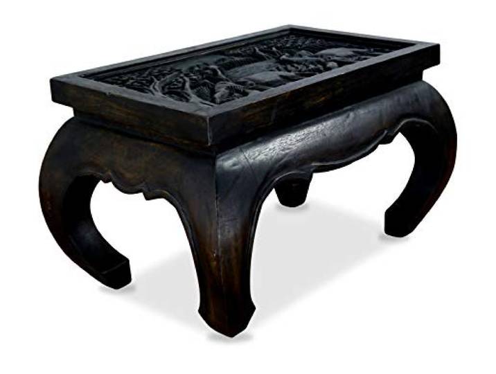 livasia Opiumtisch Glasplatte, Beistelltisch, Couchtisch aus Massivholz mit Elefantenschnitzerei (schwarz)