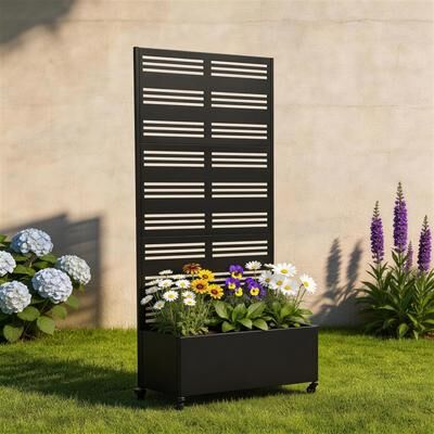 Uixe Rectangular Decorative Metal Privacy Screen with Planter Box Wheels