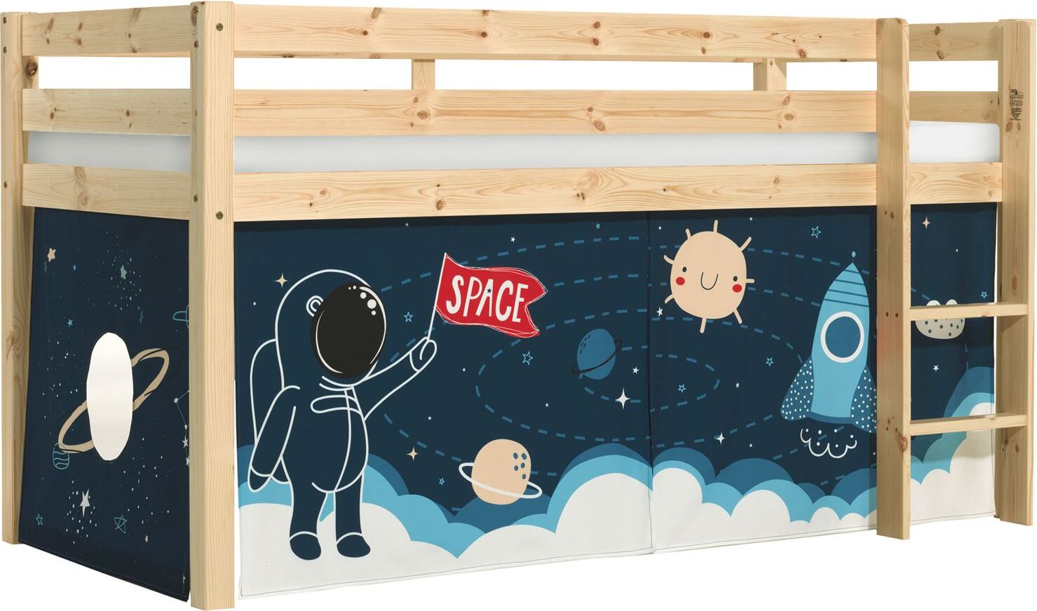 Kinderbett Karolina 210x114x106 Massivholz Natur Textilset Rakete