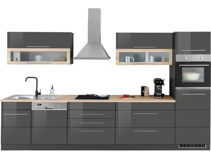 Küchenzeile, Spanplatte, Grau Hochglanz, 350×60 cm, Mit Induktion & E-Geräten, Modern, Kochstation