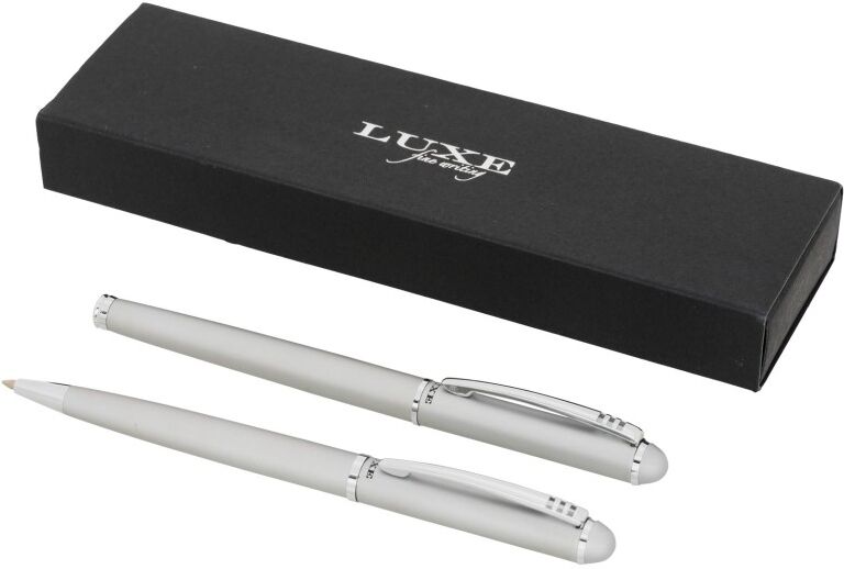 Parure stylo bille et roller publicitaire à encre noire Andante Argent