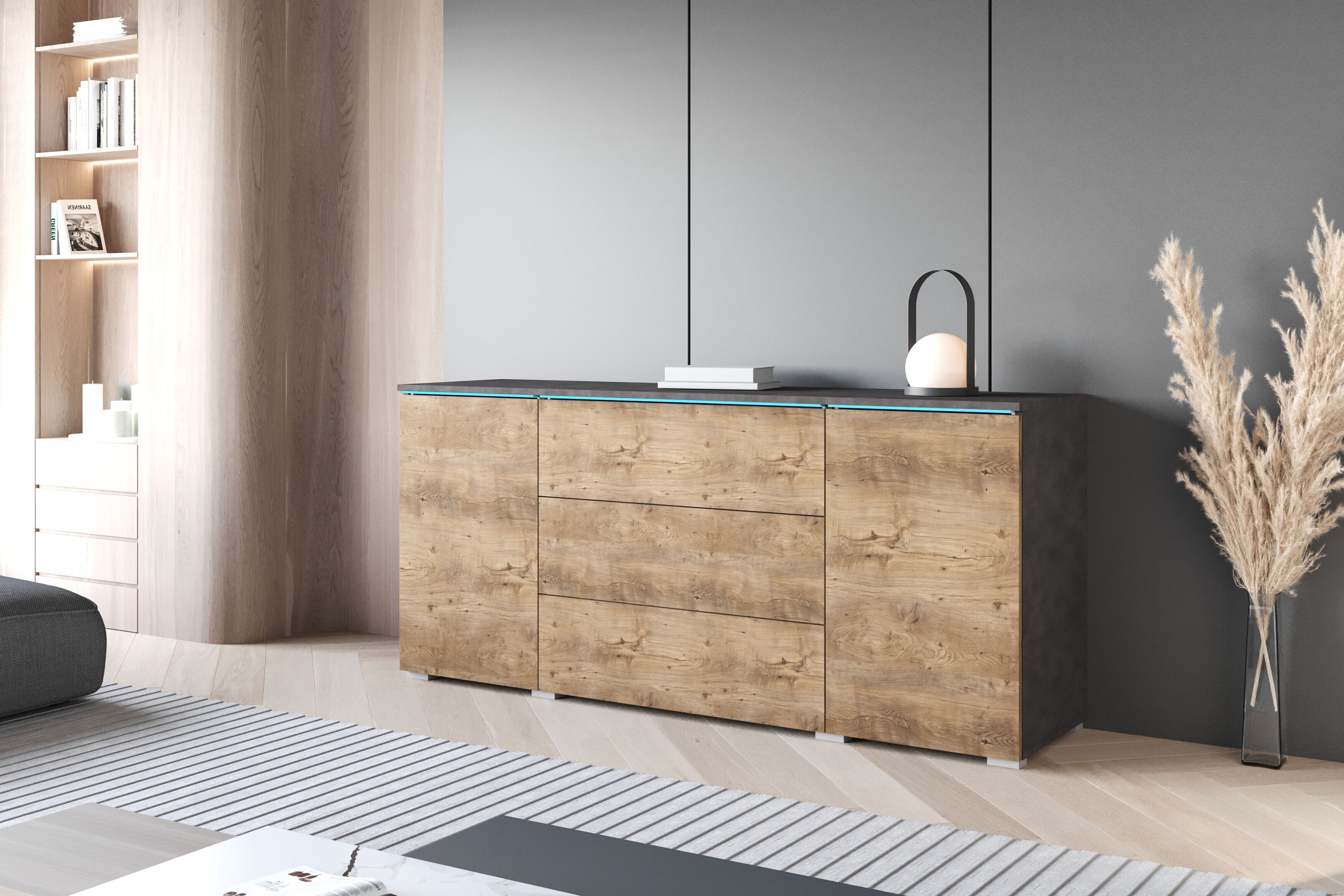 Sideboard HOME AFFAIRE "VERA, grifflos", grau (matera anthrazit, kastanien breslau), B:150cm H:67,9cm T:39,5cm, Sideboards, Sideboard, verstellbare Einlegeböden, Wahlweise mit oder ohne Beleuchtung matera anthrazit, kastanien breslau B/H/T: 150cm x 67,9cm