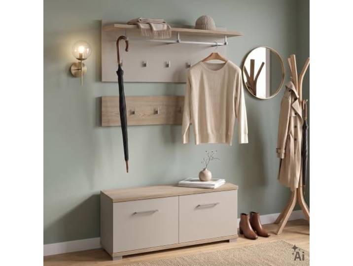 IDIMEX Garderobenset Bilbao 3-teilig, Cremona Eiche/Kaschmir, ideal für Flur und Eingangsbereich, mit 9 Haken, Kleiderstange, Hutablage und Schuhbank