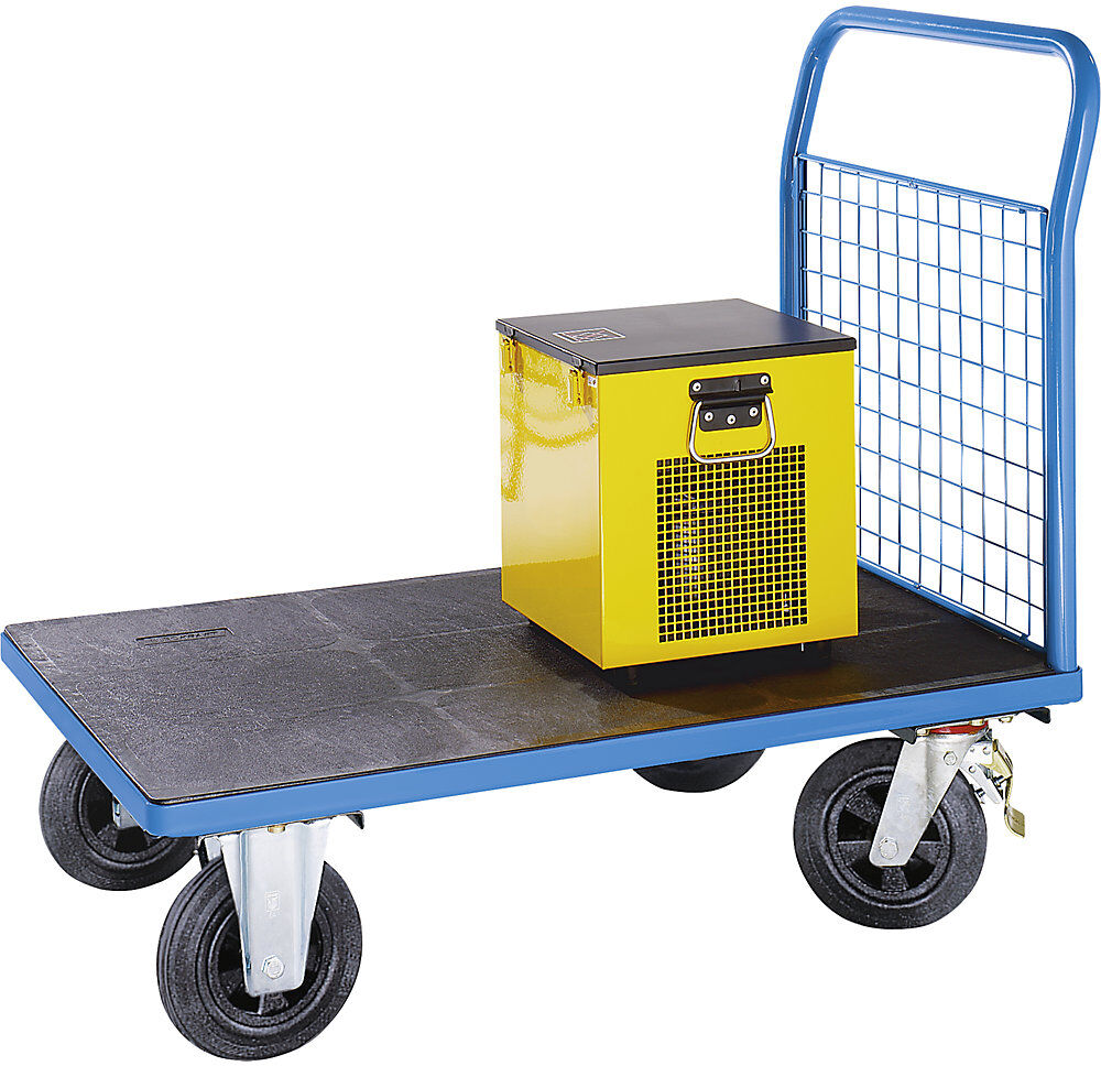 Plattformwagen mit Gitterwänden, 1 hohe Gitter-Stirnwand, LxB 1250 x 800 mm, Vollelastikreifen eurokraft pro