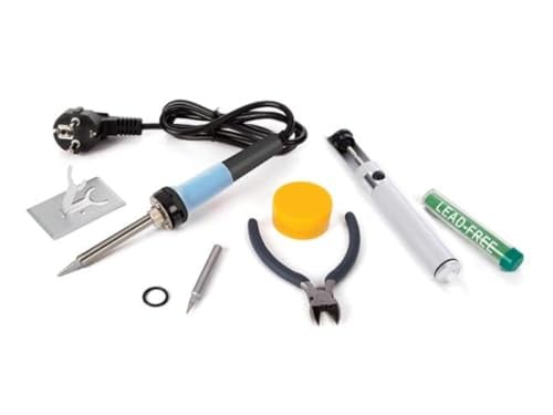 Velleman Soldeerset met 25 W soldeerbout, reservepunt, desoldeerpomp, soldeerbouthouder, tang, flux en soldeertin