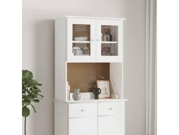 HEFZGDB Sideboard Aufsatz aus Massivholz Kiefer in Weiß - Rustikaler Sideboard Aufsatz mit Holzknäufen und Vitrinen mit Glastüren - Massiver Kiefernholz zur Aufbewahrung für Kommode