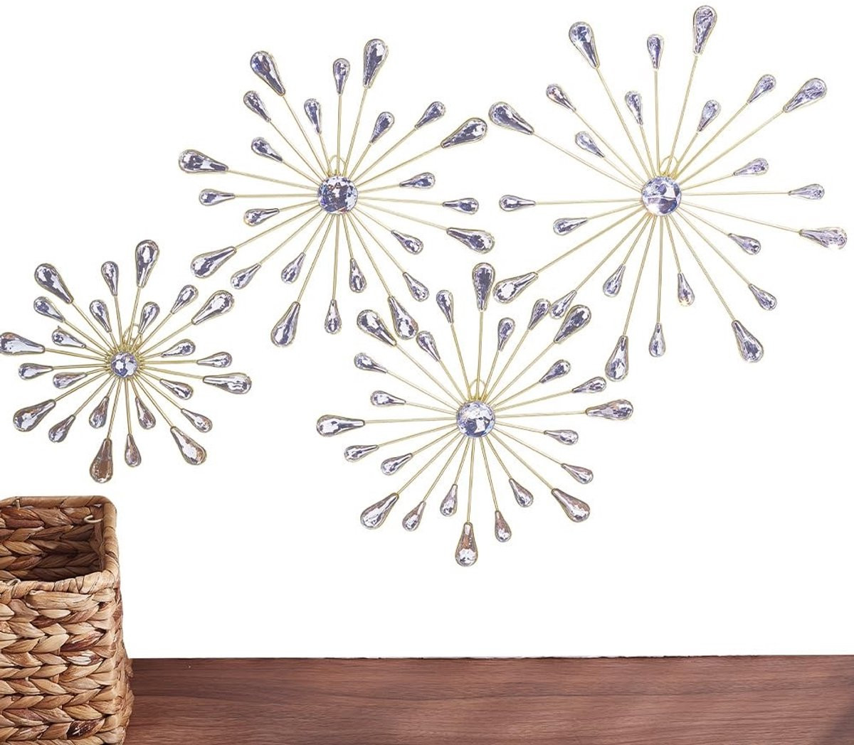 Dailygoods Muurdecoratie Gouden Metalen Sterrenbloem - Set van 4 Luxe Wanddecoraties met Glanzende Steentjes
