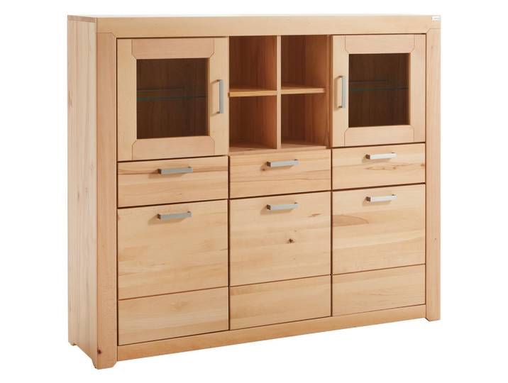 Cantus Highboard, Buche, Holz, Glas, Wildkernbuche,Wildkernbuche, furniert, 20 mm, 4 Fächer, 3 Schublade(n) Schubladen, kaltweiß, 160x136x40 cm, Holzmöbel, Kleinmöbel Holz, Holzkommoden, Highboards Holz