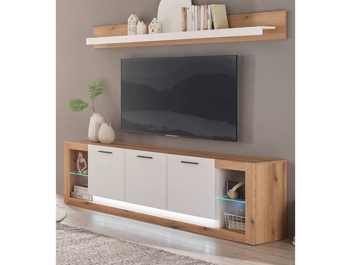 Furn.Design Lowboard Rivian (in Evoke Eiche und matt weiß, Set inkl. Wandregal, Breite 195 cm), mit Komforthöhe