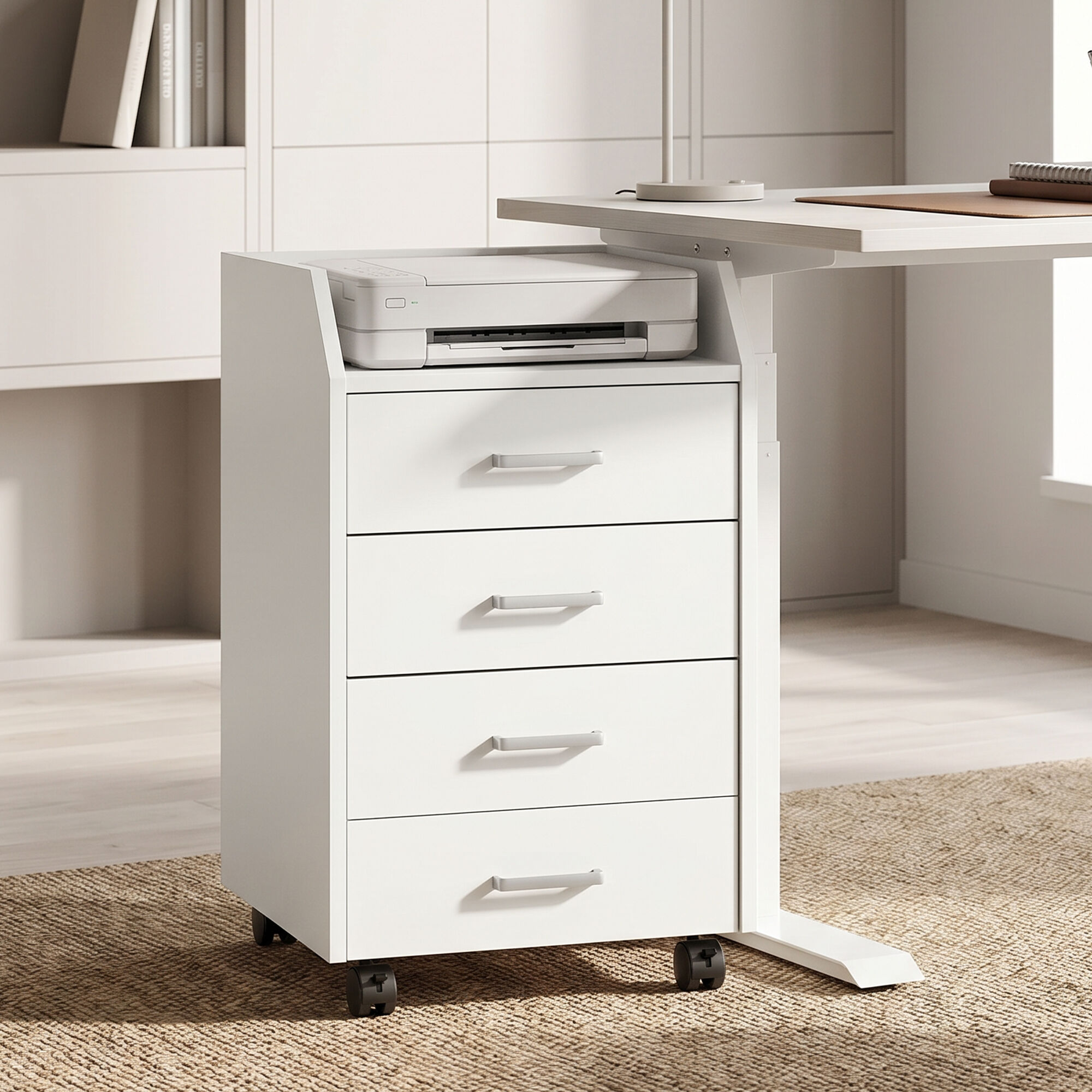 Altro Cassettiera Da Ufficio In Legno Con 4 Cassetti, Ruote E Bordi Rialzati, 40x36x65cm, Bianco