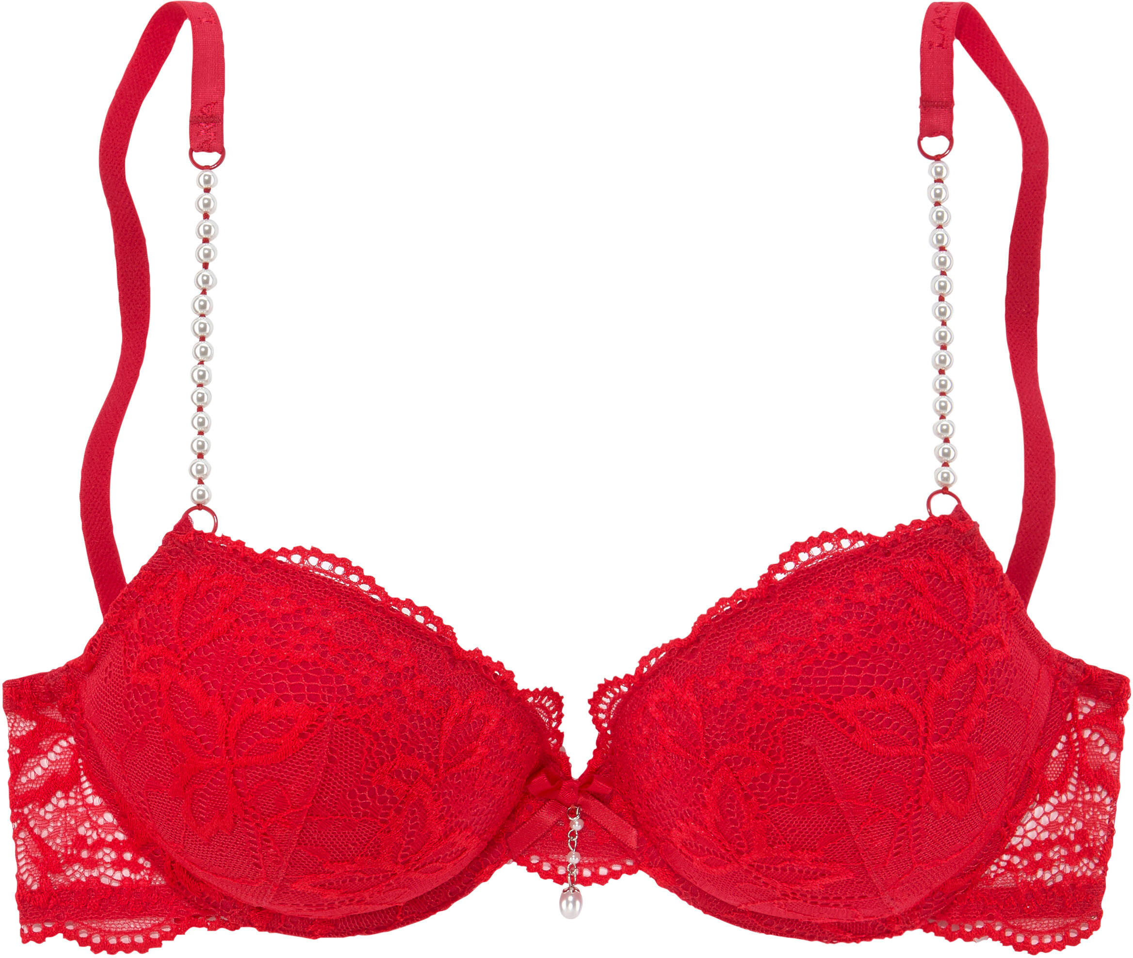 Push-up-BH LASCANA, Damen, Gr. 80, Cup B, rot, Spitze, Obermaterial: 60% Polyamid, 35% Polyester, 5% Elasthan, BHs Push-up-BH, mit femininen Perlendetails, sexy Dessous