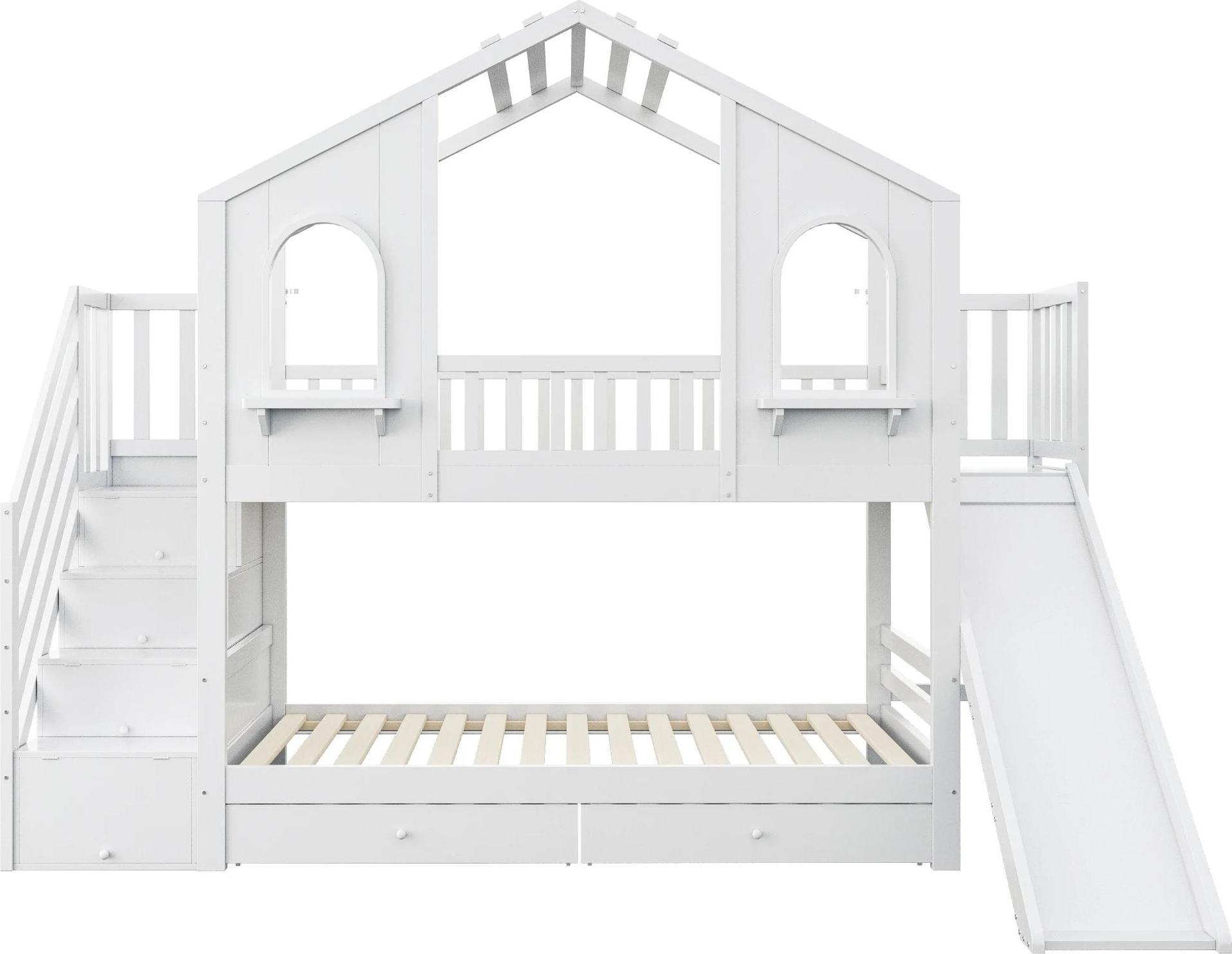 Kinderbett - Etagenbett 90x200 cm - Mit Rutsche und Leiter - Hausbett-Design - Leiter mit Stauraum - Weiß