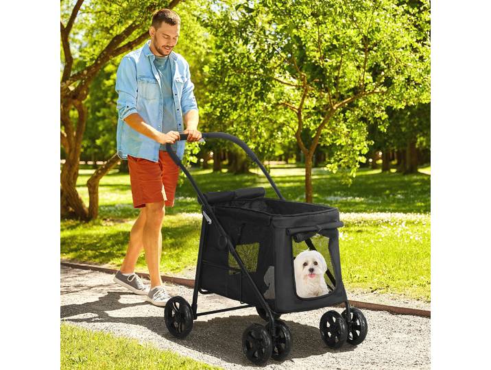 PawHut Poussette pour Chiens incl. Coussin, 3 Poches Latérales, pliable, chariot pour chiens, 102 cm x 62 cm x 105 cm, Noir