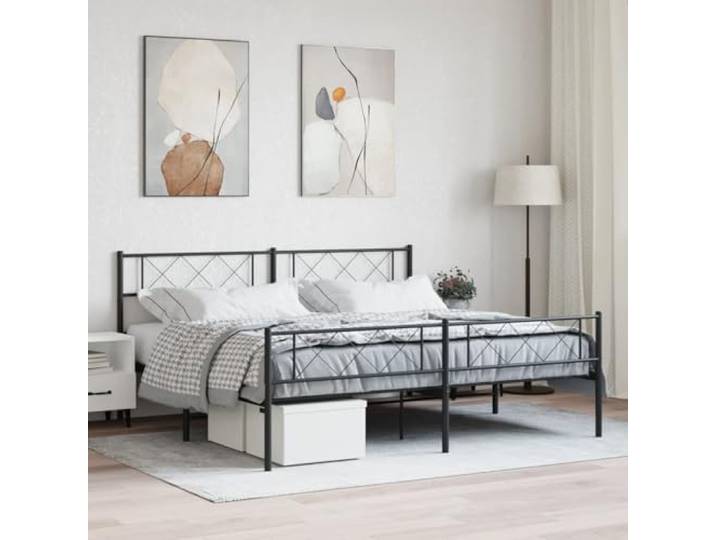 RJPLMFV Bettgestell, Metall, 180 x 200 cm, Schwarz Pulverbeschichteter Stahl, inklusive Lattenrosten, Stauraum unter dem Bett, Kopfteil zur Unterstützung des Rückens