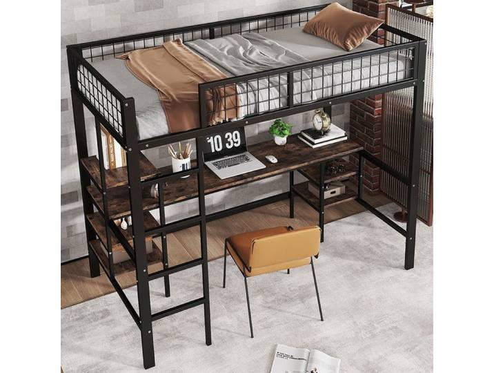 Luscriate - Lit Mezzanine 90x200 Lit Métal avec Bureau Étagères Échelle Gain Place Enfant - Noir