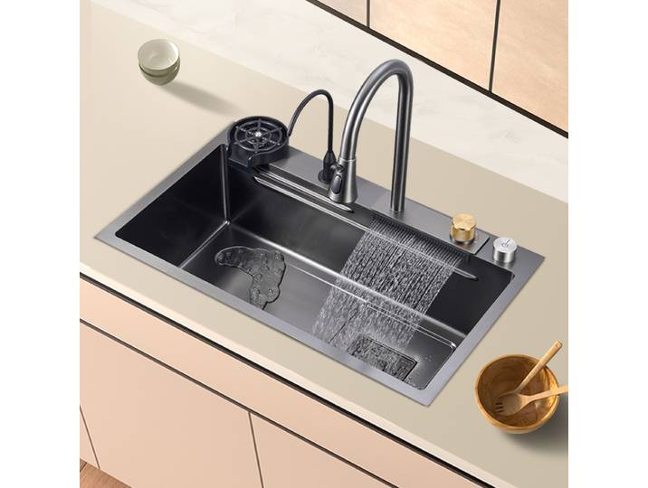 Robinet cascade d'évier de cuisine Nano noir multifonction, grand bol simple, lave-tasse, robinet pur distributeur de savon en acier inoxydable 304