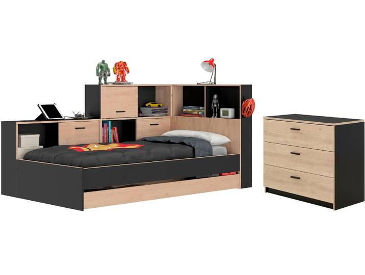 Jugendzimmer-Set GAMI Erwan , schwarz (kastanie natur, schwarz), B:120cm H:104cm T:221cm, Holzwerkstoff, Schlafzimmermöbel-Sets, Jugendzimmer-Set, Ideal für Kinder- und Jugendzimmer