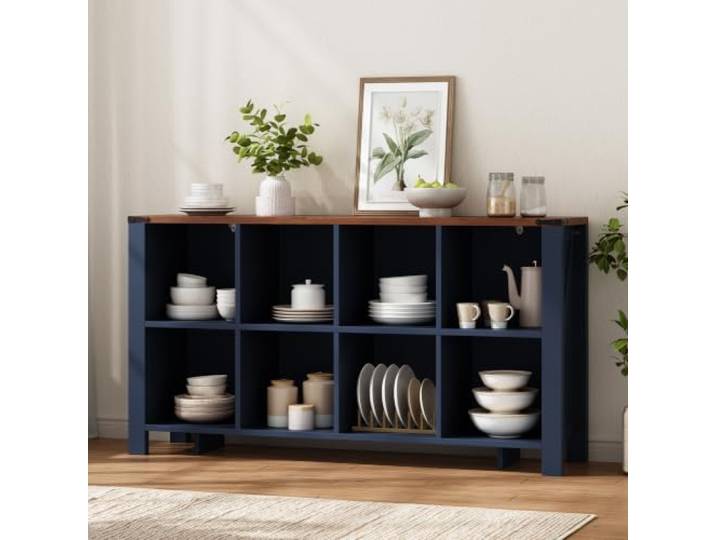 Merax Sideboard mit 8 Staufächern, Küchenschrank mit Horizontalen Ablagefächern, Vorratsschrank im Vintage-Landhausstil für Küche, Esszimmer, Wohnzimmer und Schlafzimmer, 34x140x75cm, Tiefblaue