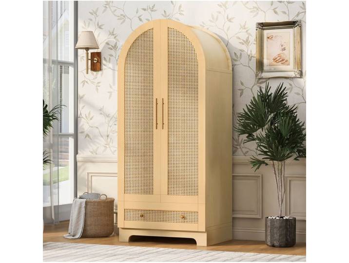 Armoire double porte 70×55×170 cm effet rotin 2 tiroirs et rangement - LPOSPI - bois - couleur bois