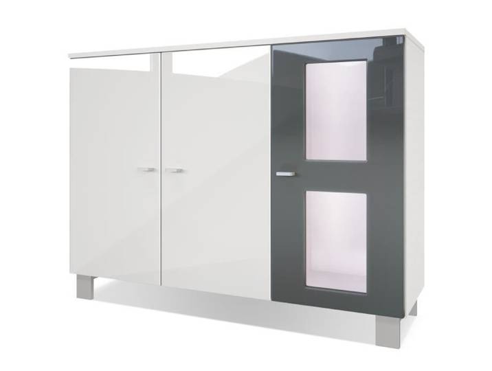 Vladon Buffet Armoire Denjo Blanc mat - Façades en Blanc haute brillance et Gris haute brillance avec éclairage LED en Blanc