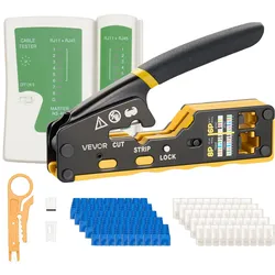 VEVOR Netzwerk Werkzeug Set, RJ45/RJ11/RJ12 Ethernet-Crimpzange-Set für 4/6/8-Polige Modularstecker, mit Mini-Abisolierzange, 50 Steckern & 50 Tüllen, Ersatzklingen & Netzwerkkabeltester