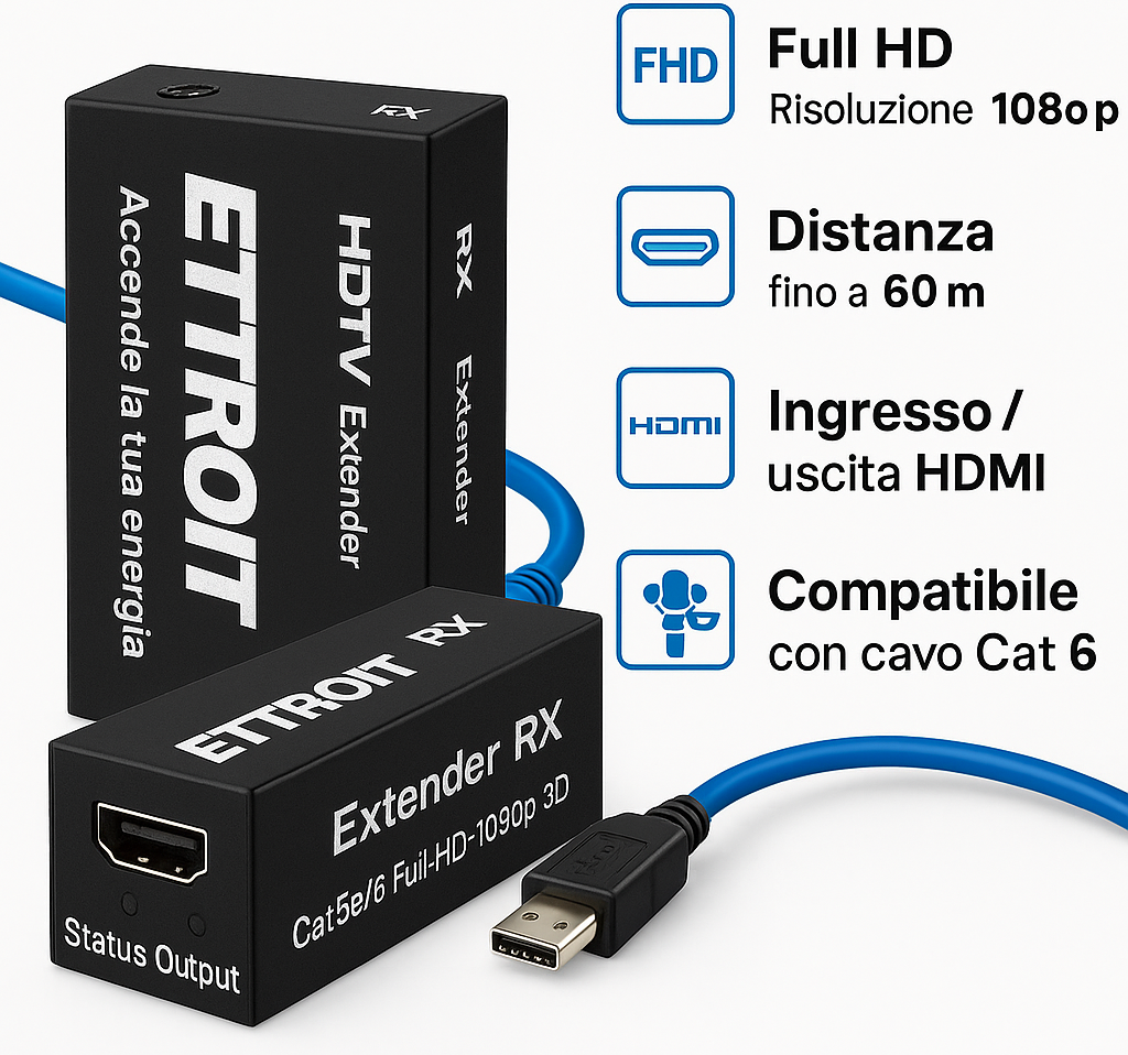 Ettroit Extender Hdmi 60mt Utp Full Hd 1080p 3d Kit Tx-Rx Su Cavo Lan Rj45 Loop-Out