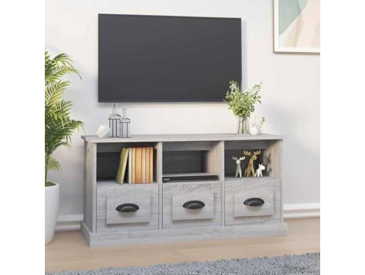 HEFZGDB TV-Schrank Grau Sonoma 100x35x50 cm Holzwerkstoff mit 3 Schubladen und 3 offenen Fächern für Stauraum, stabile Medienmöbel mit Wandhalterung für Wohnzimmer Einrichtung