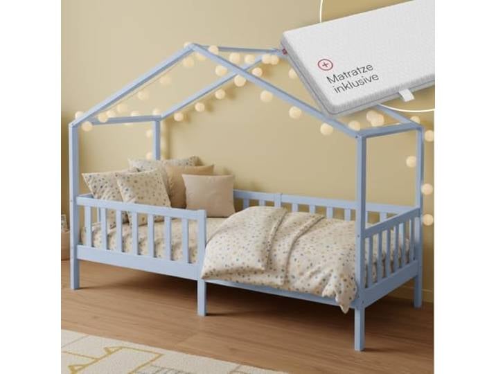 Bellabino Bia Hausbett 90x200 cm, Blau, mit Matratze, Kiefer Massivholz Montessori Kinderbett mit Rausfallschutz, mit Lattenrost, für Jungen & Mädchen, Holzbett, Kinderzimmermöbel, Bettgestell