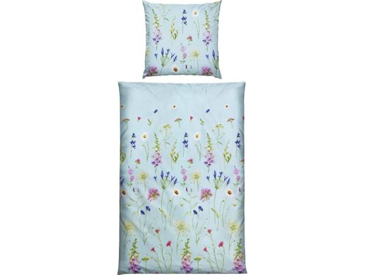 REDBEST Seersucker Bettwäsche Wiesenblumen hellblau Größe 80x80 cm / 155x220 cm - sommerlich-leicht, pflegeleicht, bügelfrei, mit Reißverschluss