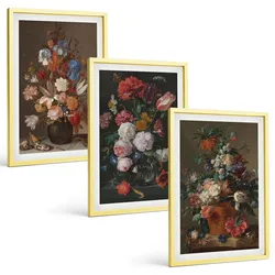 BILDER SET 3er Set - 40x60 cm Goldrahmen - Blumenarrangements in Vasen