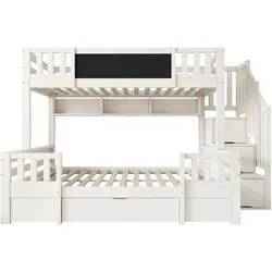 MODFU Etagenbett Massivholz/MDF Weiß 253x145x150 cm, 90x200 & 140x200 cm, mit Kreidetafel, Stauraumtreppe und Schubladen