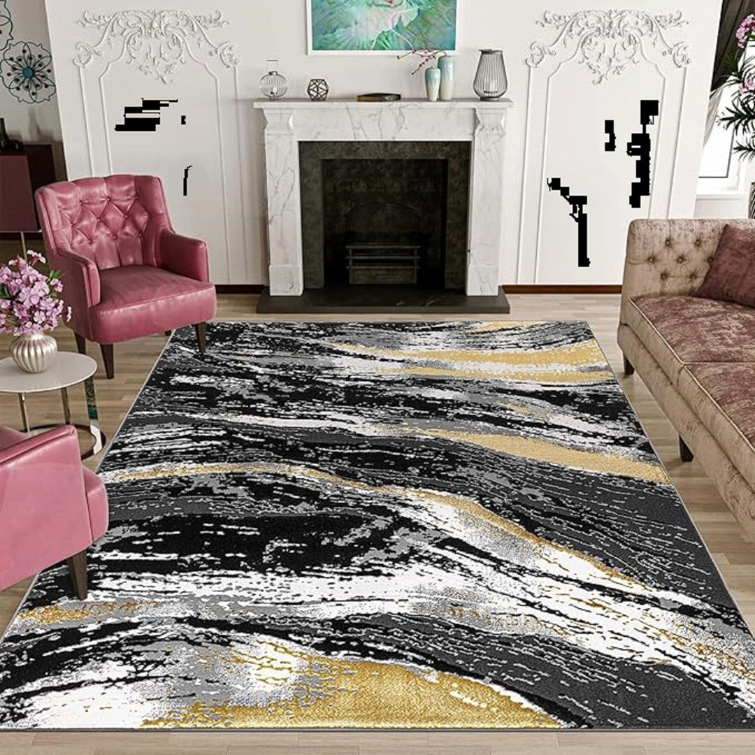 Metro Abstract Flatweave Shaggy Area Rug Black Rectangle 200 x 290 cm