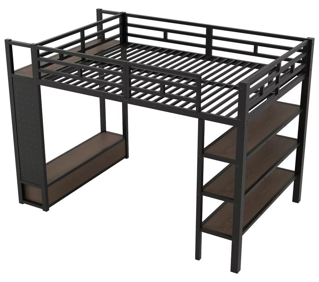Etagenbett - Metallrahmen - 140 × 200 cm - Offener Kleiderschrank - Staufächer - LED-Beleuchtung - Schwarz