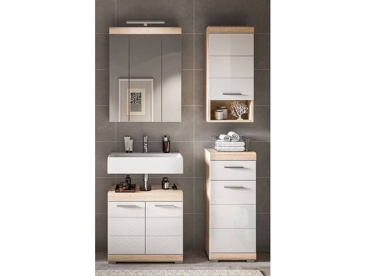 Badezimmerset Scout 4-tlg Spiegelschrank 112 x 191 x 34cm Weiß/Weiß/Eiche Sägerau Dekor