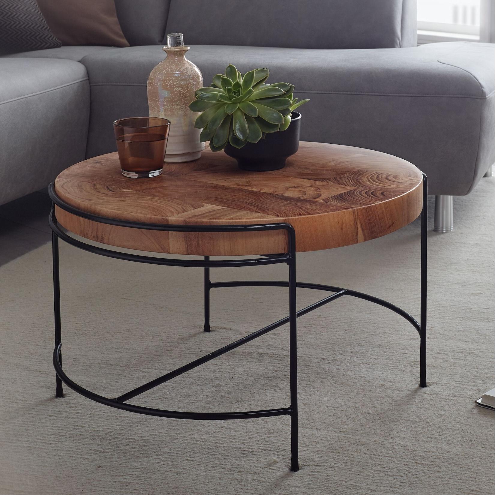 FineBuy Couchtisch Akazie Massivholz rund 62 cm Wohnzimmertisch Baumscheibe