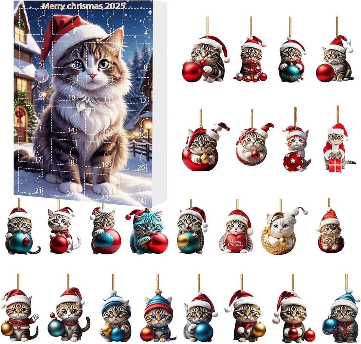 Adventskalender 2025 met Kattenmotief - 24 Dagen Kerst Countdown - 2D Acryl Set met Ophanghaakjes