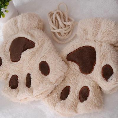 Inspired Finds Cartoon Cute Cat Claw Paw Gloves Plush Mittens For Women, Warm & Soft Fingerless Bear Cat Gloves beige