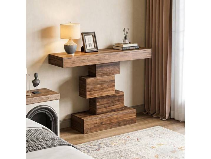 WOVREO table console 108 x 30 x 80 cm socle geometrique aspect bois marron fonce