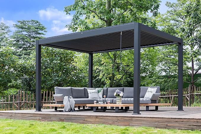 Simpo Lifestyle | Pergola PLUS Aluminium freistehend | 4x4 M | Lamellendach anthrazit | 1 ZIP-Rollo | LED
