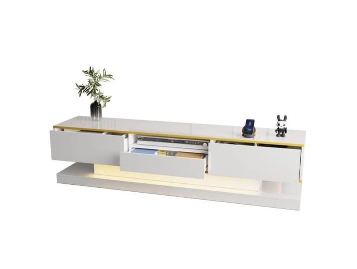 Redom Tv-Lowboard 180/38/45 cm mit 3 Schubladen, Hochglanz, App-gesteuerter LED-Beleuchtung und Dekorleisten, Weiß/Gold, 180x45x38 cm, Wohnzimmer, TV Möbel, Lowboards, Lowboards stehend