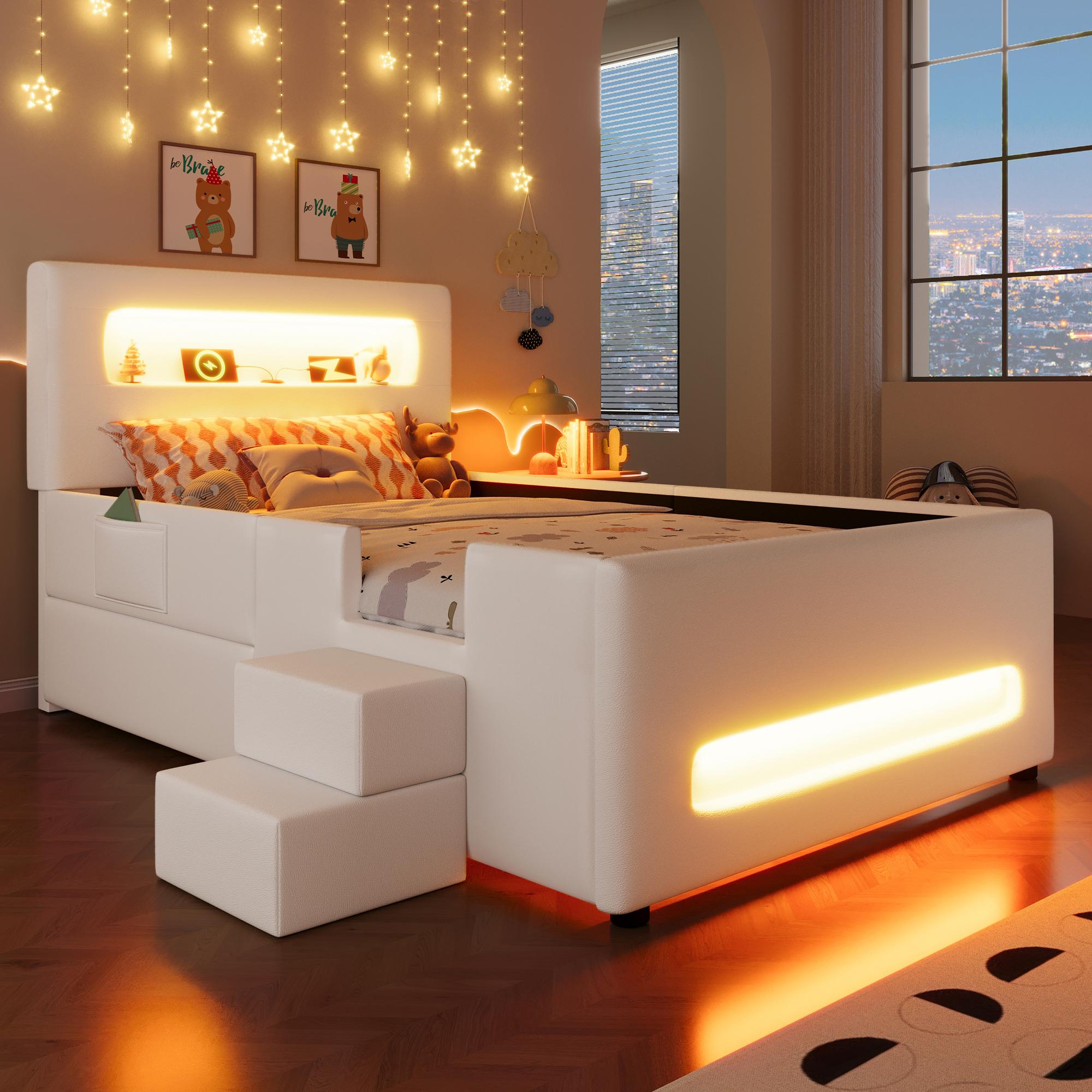 Merax Polsterbett Kinderbett 90x200 cm mit LED-Lichtleisten, Treppe, Schublade und Aufbewahrungstaschen, Plattformbett, Jugendbett, Flachbett, Weiß