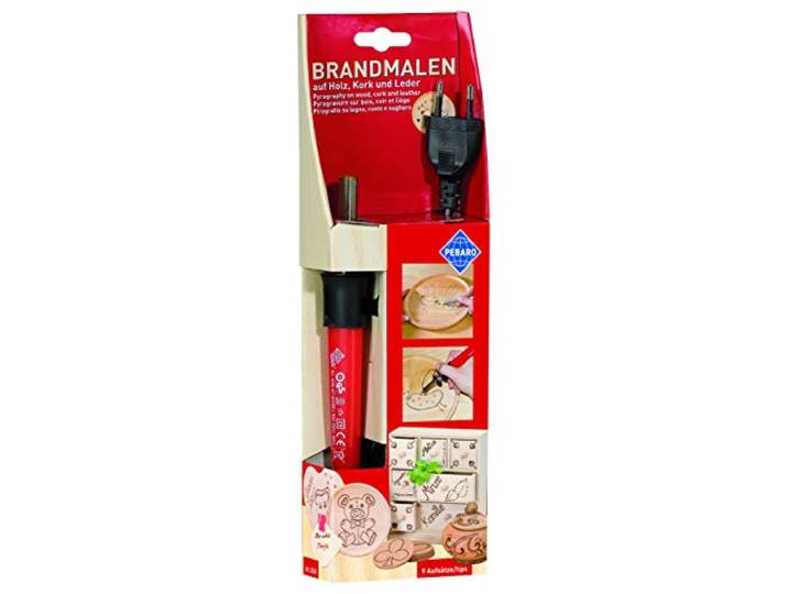 Pebaro GLOREX 6 1671 001 - Pebaro brandmerkfles met 9 opzetstukken van messing, met steun, voor branden op hout, leer, kurk en andere materialen