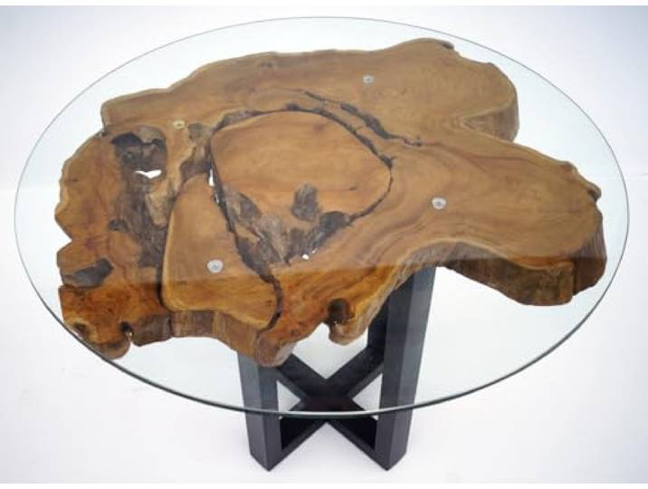 Kaffeetisch mit Baumscheibe und runder Glasplatte, massiv, Modell 4
