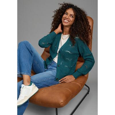 Strickjacke LAURA SCOTT "mit Ajourstrickmuster", Damen, Gr. 44/46, grün (petrol), Strick, Obermaterial: 100% Polyacryl, unifarben, lässig geschnitten kurz, V-Ausschnitt, weit Bündchen, Strickjacken Strickjacke, kurz geschnitten