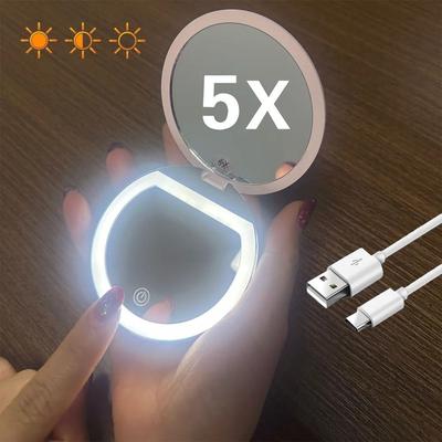 Uplift Essentials Rechargeable LED Pocket Makeup Mirror Dual Sided With 5x Magnification pink