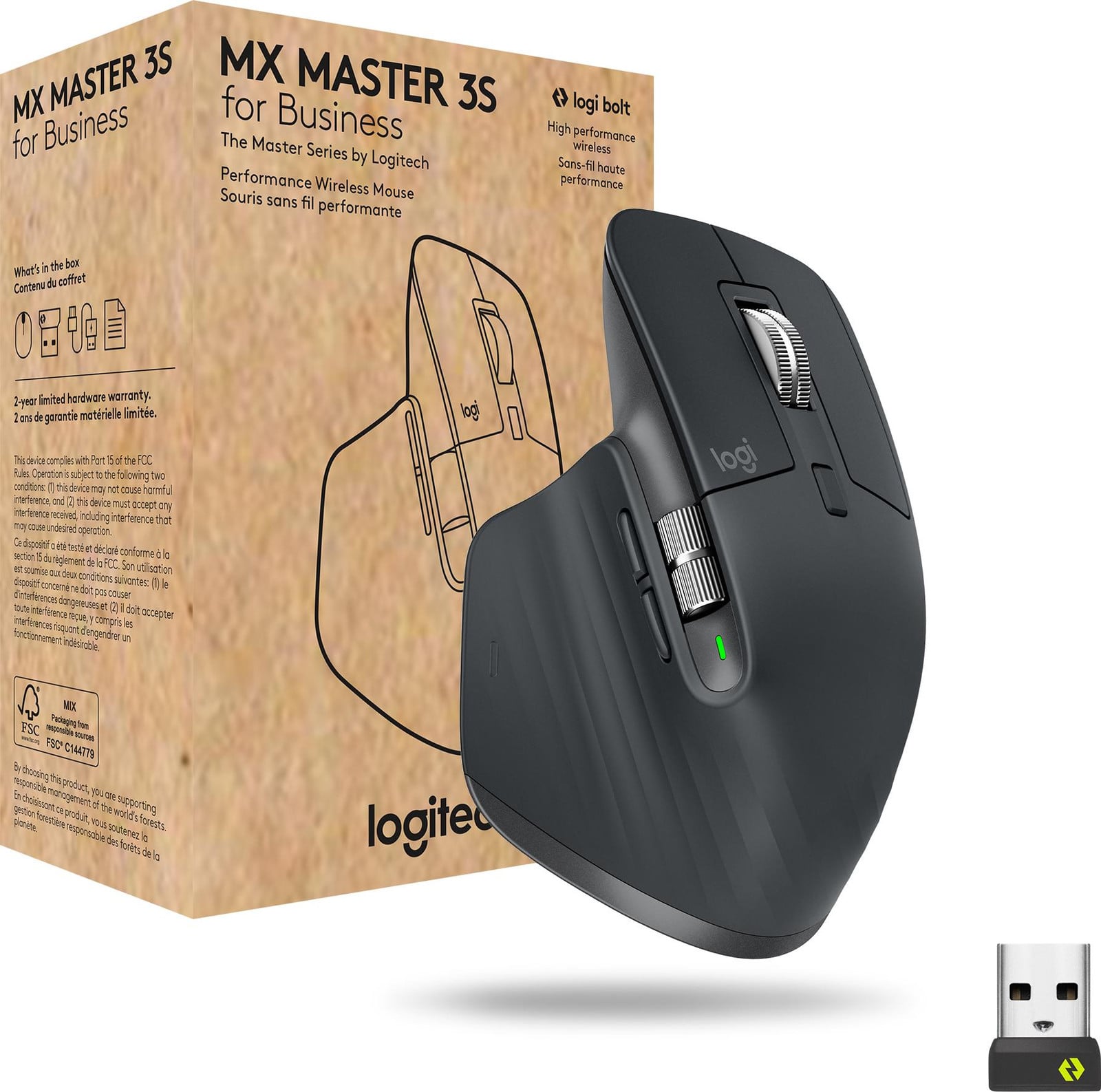 Logitech MX Master 3s for Business draadloze muis met Bluetooth en RF, 8000 DPI, rechts