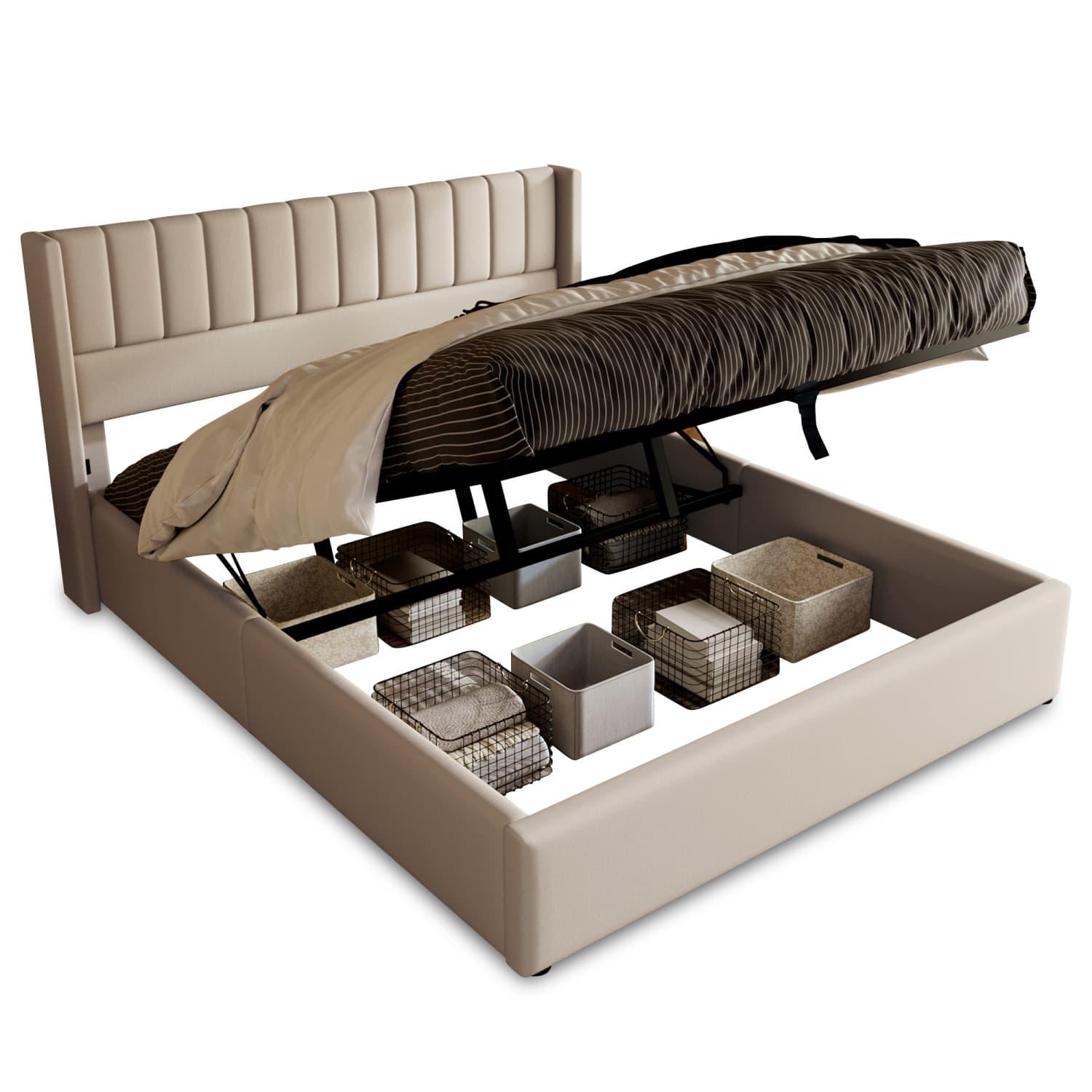 Stauraumbett Polsterbett Hydraulisch Doppelbett 140x200cm, Lattenrost aus Holz, Bett mit Lattenrost aus Metallrahmen, Leinen, Beige