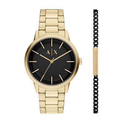 Quarzuhr ARMANI EXCHANGE, gold (gelbgoldfarben), Armbanduhren, Herren, Quarzuhr, Armbanduhr, Herrenuhr, Edelstahlarmband, Ideal auch als Geschenk