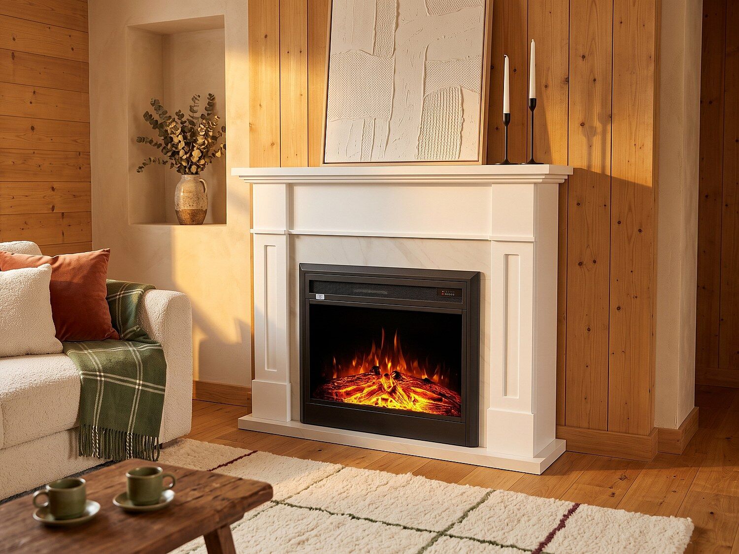 Unique Chimenea eléctrica de suelo con manto - L. 134 x Pr. 34 x Alt. 105,2 cm - Blanco - ESUKO